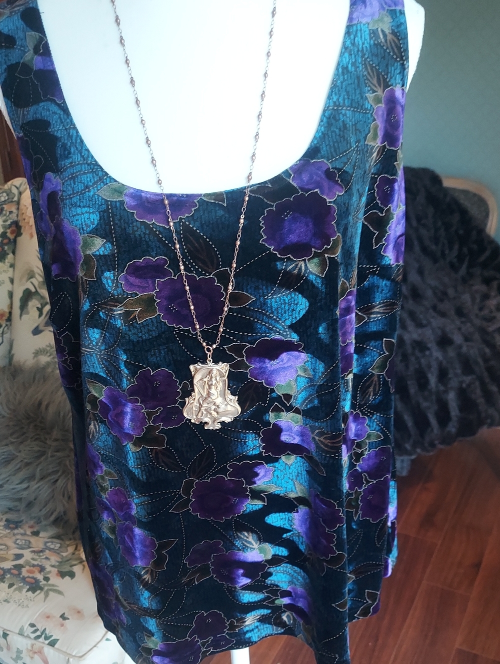 Dress Barn Teal and Purple Floral Velvet Camisole